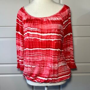 Michael Kors Festive Tie Dye‎ Striped Top Red White 3/4 Sleeve Boat Neck Small
